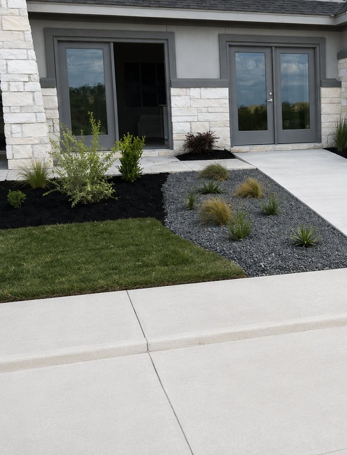 Modern front yard landscaping with mulch beds and ornamental grasses, Austin TX